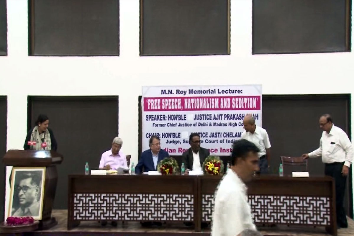 M.N.Roy Memorial Lecture,2017 at Constitutional Club, New Delhi. Shalu Nigam on rostrum, on dias from left N.D.Pancholi, Justice A.P.Shah, Justice Chelemeswar, Suresh Jain and S.C.Verma. Justice Shah spoke on "Free Speech, Nationalism and Sedition'.